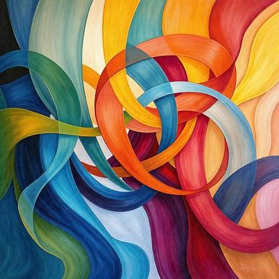 The primary subject of the image is a colorful, abstract painting featuring a swirling pattern of colors. The painting is set against a black background, which contrasts with the vibrant hues of the swirling pattern. The visual style of the painting is a mix of digital art and illustration, creating a dynamic and eye-catching composition. The dominant colors in the painting are a mix of red, blue, and yellow, which contribute to a lively and energetic atmosphere.